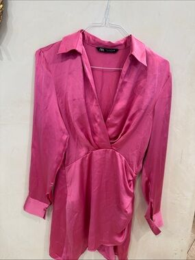 Zara Hot Pink Satin Wrap-Front Dress